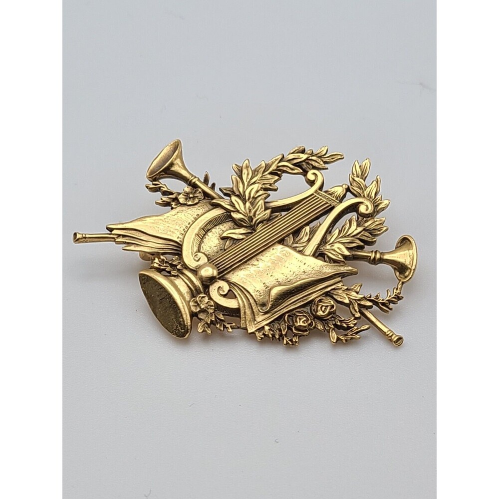 NGA Matte Gold Tone Harp Trumpet Laurel Brooch, Pin National Gallery of Art